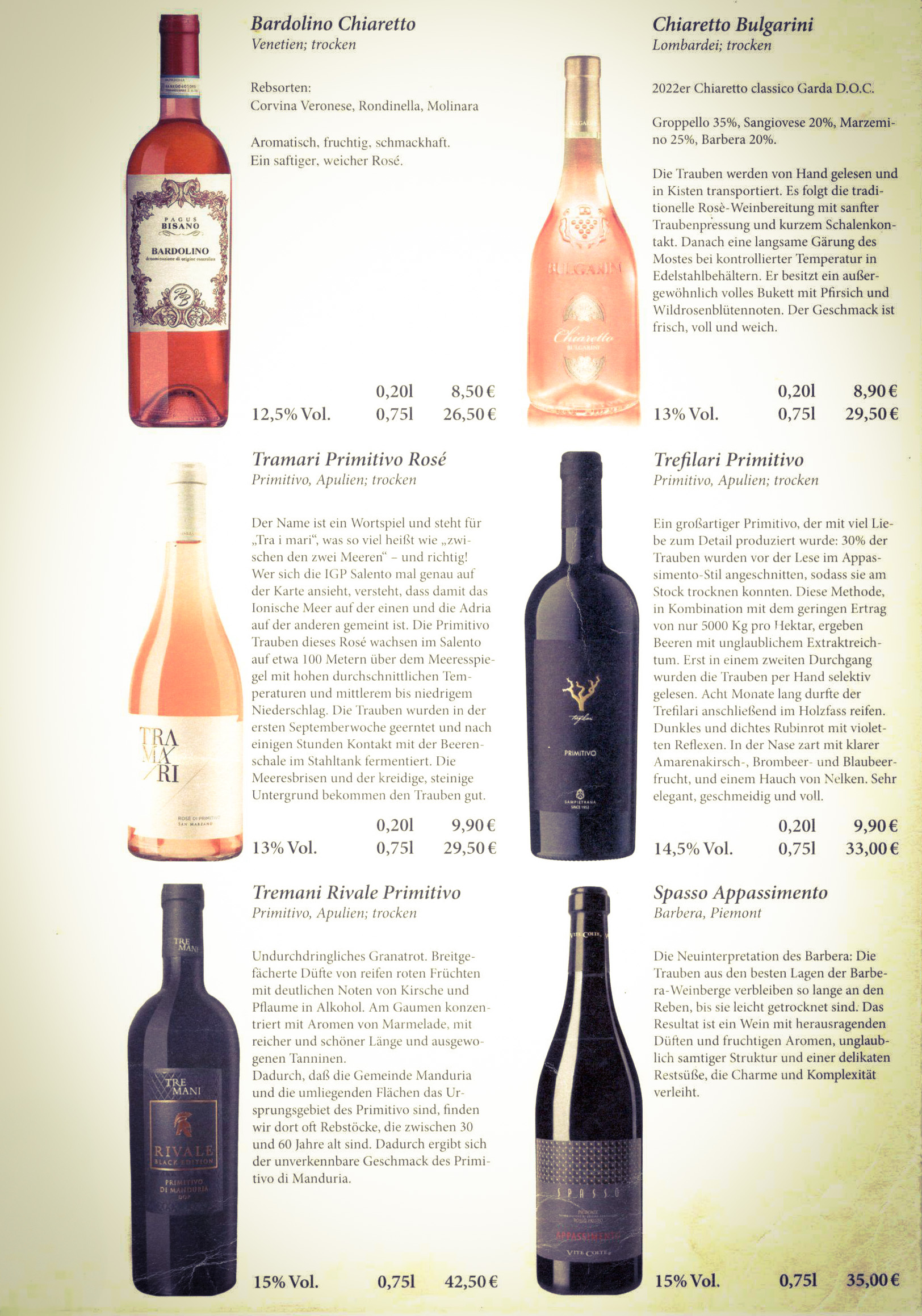 Weinkarte Seite 1